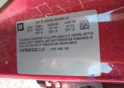 2012 Buick Verano Convenience Group from USA, damaged, VIN 1G4PR5SK1C4212253